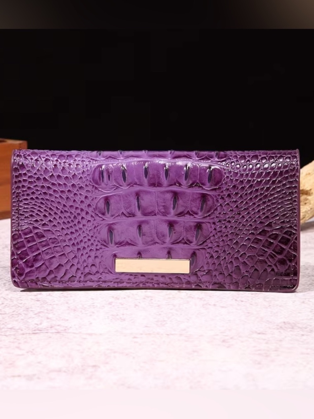 PURPLE Croc-Embossed Snap Wallet with Zipper Pocket